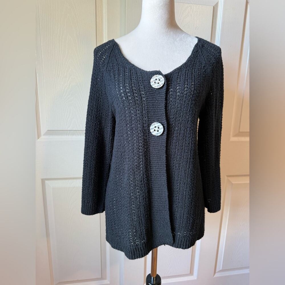 Chico’s Black Open Knit‎ Cardigan Button Lightweight Size 1 / Small Layering